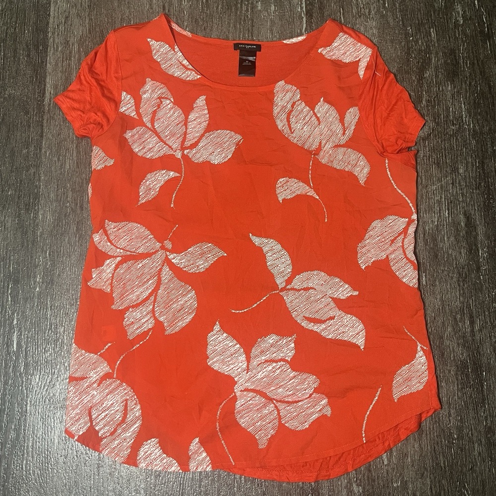 Ann Taylor Womens Orange Floral Print Short Sleeve Blouse Top Pullover Sz M Lilo
